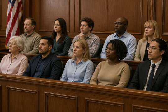 Diverse jury members seated attentively in courtroom gallery
