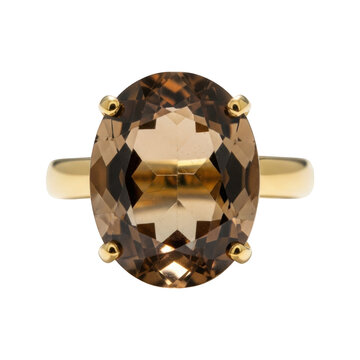 Elegant gold ring with oval brown smoky gemstone isolated on transparent background