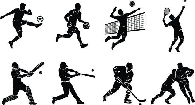 Black Silhouette Sports Players Bundle Collection with Multiple Athletic Action Poses