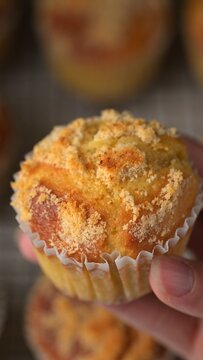 Orange muffin with almond flour crumb topping held in female hand. Dessert food photography. Homemade bakery, pastry and snack concept. Macro close-up shot.