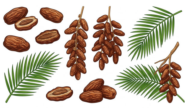 Date Fruits with Palm Leaves Vector Illustration Isolated on White Background
