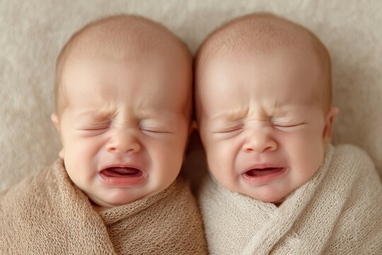Crying newborn twin babies lying side by side