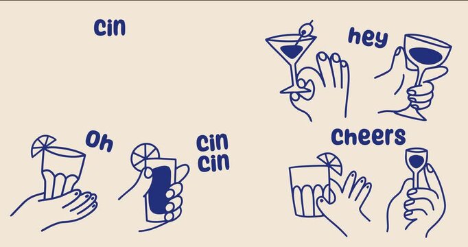 Hands holding wine glasses. Characters hands cheering and cin cin with cocktails at party. Celebrating holiday. Motion graphics for social media. Animated cartoon