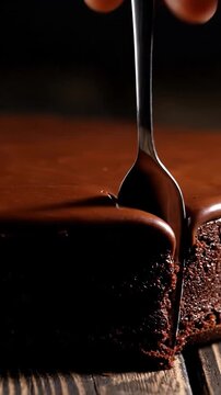 Fork Cutting Into Dense Chocolate Mud Cake With Fudge Like Texture And Rich Ganache Topping In Dark Moody Lighting Intense Chocolate Lover Dessert Commercial