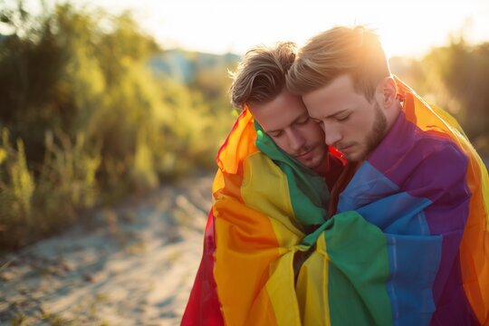 Couple wrapped in rainbow flag outdoors