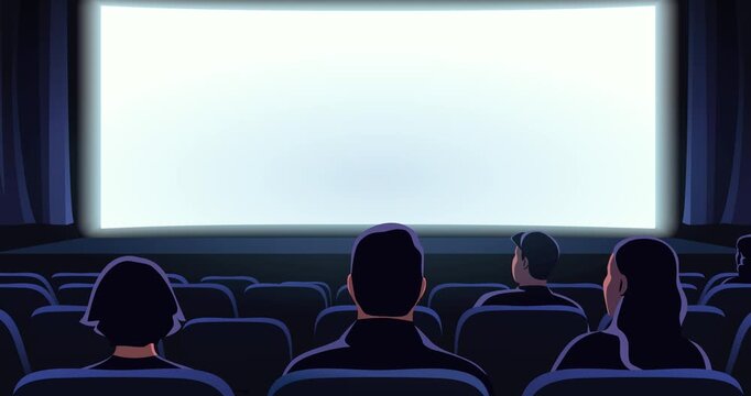 Cinema hall with white screen. Motion graphics with Rear view of people sitting in dark movie theater and looking at blank screen. Rows of seats and chairs. Animated cartoon
