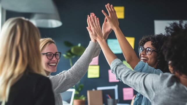 Colleagues perform a high five in a modern office environment to celebrate their successful collaboration.