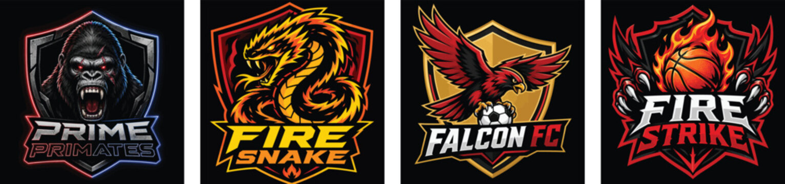 Esports mascot logo vector collection featuring gorilla, fire snake, falcon fc, and fire strike basketball team emblem designs isolated on black background, gaming badge set