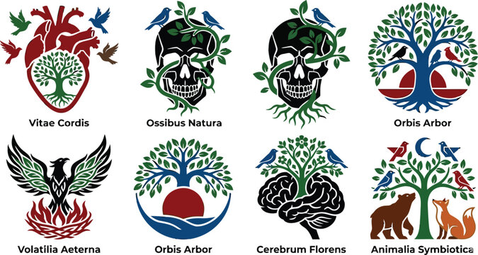 Mystical nature emblem logo vector collection featuring tree of life, skull with vines, anatomical heart, blooming brain, phoenix, bear and fox symbols isolated on white background