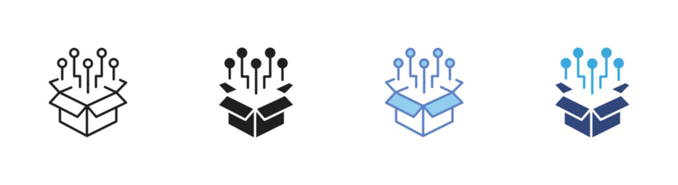 Release management icons set, Digital product symbols, Software deployment icons, Open box technology signs, Product launch vector icons