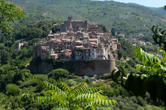 Veduta panoramica del caratteristico borgo medievale di San Gregorio da Sassola arroccato sulla collina e circondato dalla fitta vegetazione verde della campagna romana nel Lazio