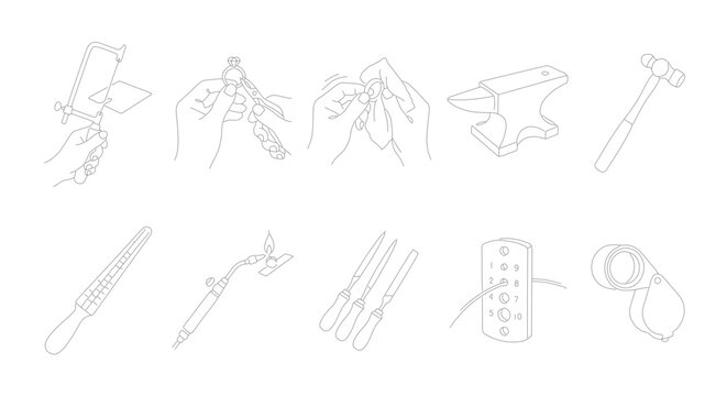 Jewelry making tools line art icons, set of 10 goldsmith equipment vectors, professional jeweler workshop instruments, minimalist craft hobby illustrations