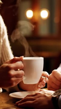 Hands Holding A Coffee Mug Warmly During A Cozy Indoor Conversation Intimate Beverage Sharing
