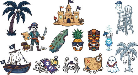 Naklejka premium Stickers featuring a collection of spooky pirate themed island.