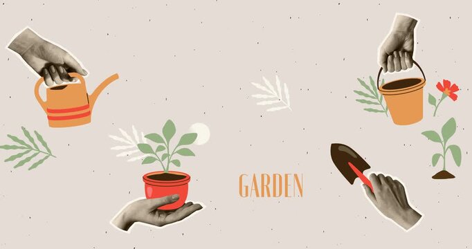 Trendy halftone style motion design. Set of realistic hands with dotted texture holding watering can, potted flower, and bucket of soil. Gardening and farming. Flat animated graphics