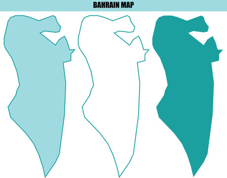 Bahrain map icons set with solid shapes and thin line borders isolated on grid background.