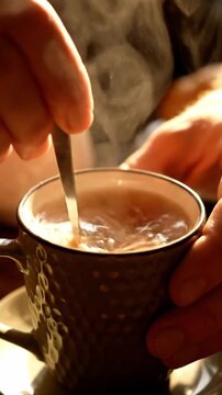 Detailed Close Up Of Hands Stirring Sugar Into Black Tea In A Delicate Cup Classic Morning Tea Ritual