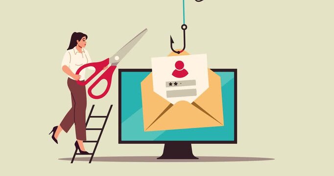 Fight against internet phishing. Woman with scissors cuts fishing hooks over computer screen. Hackers trying to extract personal data for scams and fraud. Flat graphic animated cartoon