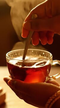 Hands Stirring Sugar Into Black Tea In A Delicate Cup Classic Morning Tea Ritual