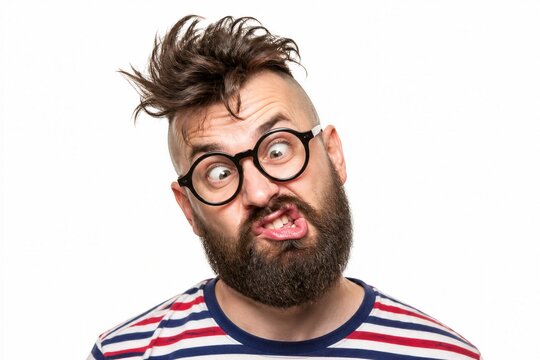 Bearded man making funny face wearing round glasses white background