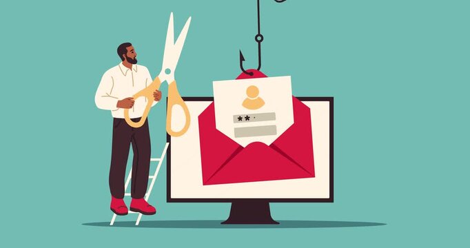 Fight against internet phishing. Man with scissors cut fishing hooks that extract personal data and user information for scams and fraud. Internet safety. Flat graphic animated cartoon