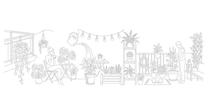 Minimalist line art balcony garden illustration, urban terrace with potted plants and people, outdoor living space vector drawing
