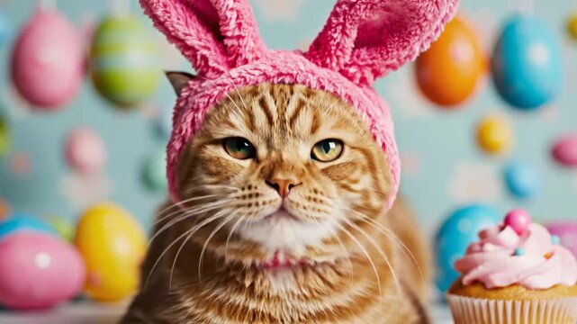 A cat wearing pink bunny ears sits near a cupcake surrounded by colorful Easter eggs.