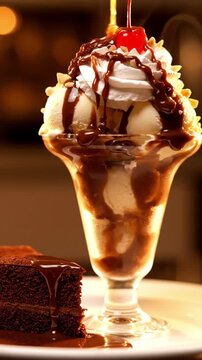 Cinematic View Of Hot Fudge Pouring Over An Ice Cream Sundae With Nuts Sprinkling Whipped Cream And Cherry Ready To Serve