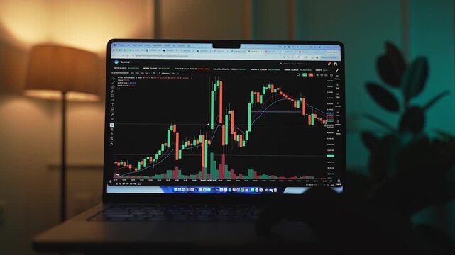 Trader Analyzing Stock Market Charts on a laptop through a brokerage platform.