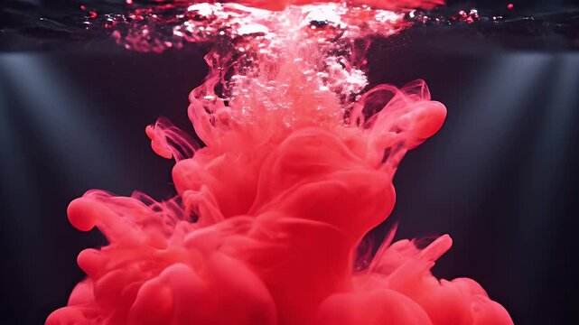 A vibrant cloud of red ink dissolves into dark, mystical water.
