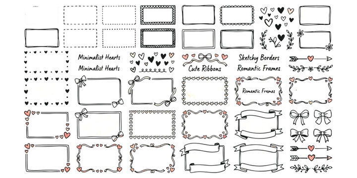 Set of hand drawn sketch borders and cute romantic frames with hearts and ribbons