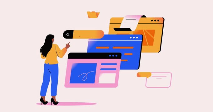 Employee in front of work windows. Woman faced with large number of work tasks, projects and files. Effective and productive workflow. Flat graphic animated cartoon