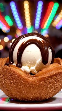 Premium Shot Of Ice Cream Scoop Inside A Cinnamon Churro Bowl In Closeup With Chocolate Drizzle And Crispy Dough Container Ready To Serve
