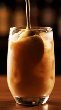 Cinematic View Of Iced Coffee With Caramel Served In A Glass Filmed In Slow Motion From Multiple Angles Premium Cold Beverage