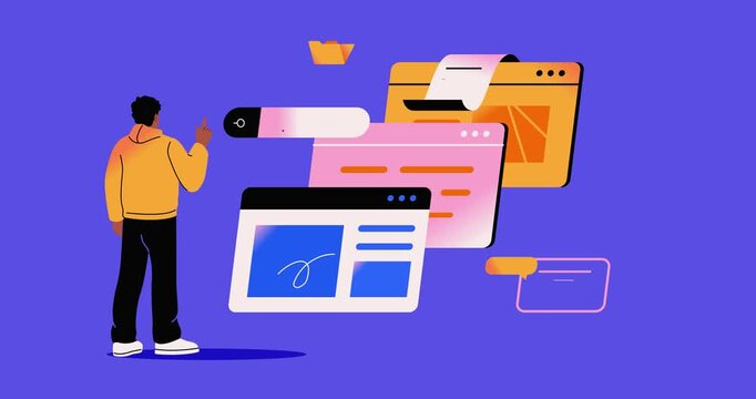 Employee in front of work windows. Man faced with large number of work tasks, projects and files. Effective workflow planning. Flat graphic animated cartoon