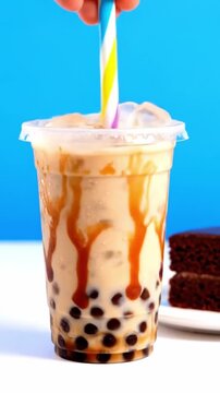Inserting A Straw Into Boba Milk Tea With Tapioca Pearls At Bottom Brown Sugar Syrup Streaks And Ice Cubes Ready To Serve