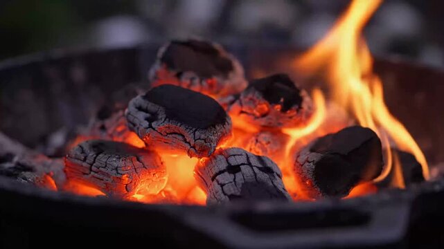 A close-up view of burning logs with flames in a fire pit outdoors at night.
