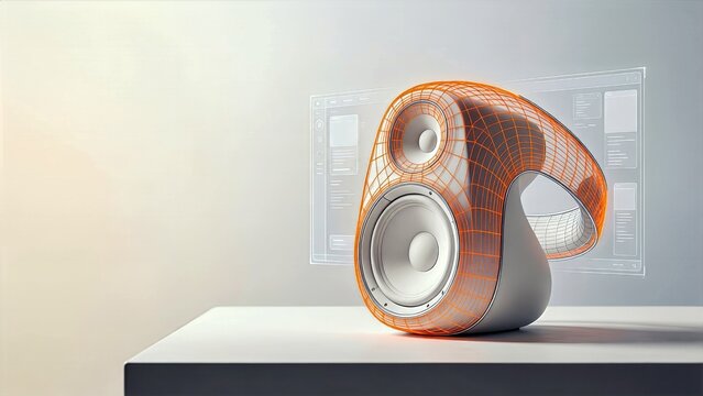 Augmented Reality Industrial Design Concept with Neon Orange Vector Wireframe Overlaid on Matte White Product Model and Copy Space