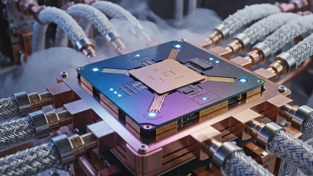 Advanced quantum computer processor chip with cryogenic cooling cables stock footage.