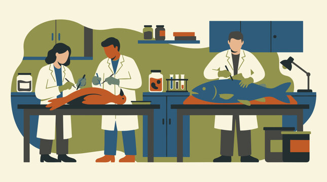 Scientists in white lab coats meticulously dissecting a large fish and a human body conducting research and laboratory analysis with tools