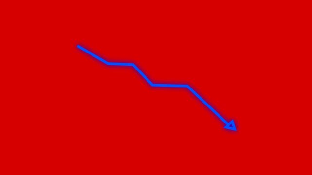 Glowing blue, red neon downward graph with arrow indicating decline, loss, and negative trends on a dark, abstract background, perfect for conveying risk, crisis animation. 4k