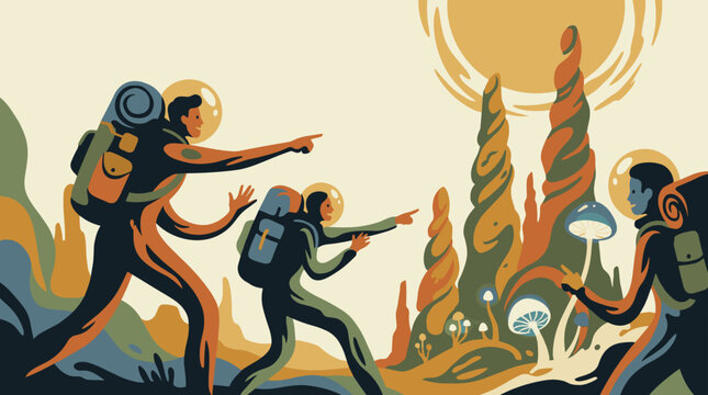 Diverse team of explorers in futuristic suits and backpacks venture into a surreal alien landscape with bizarre rock formations and unusual flora symbolizing discovery