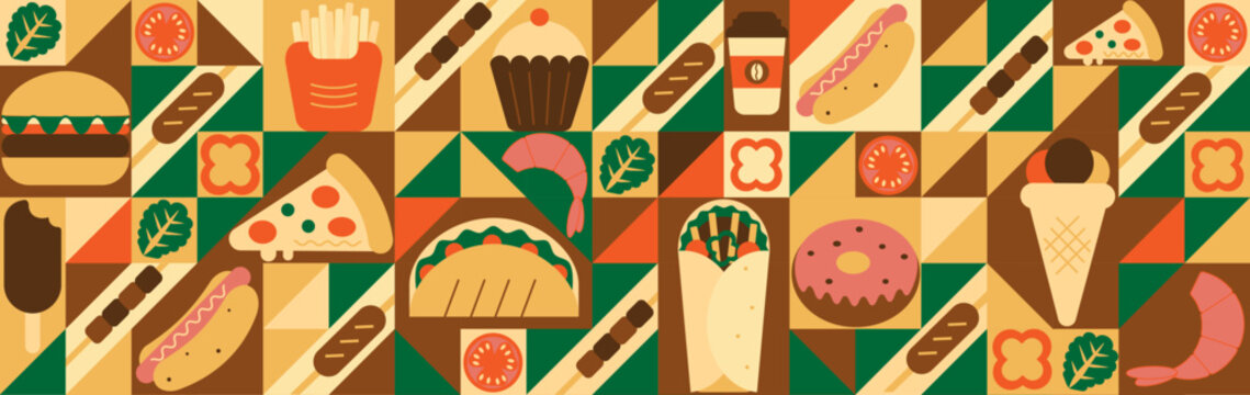 Geometric food pattern in minimalist bauhaus style line drawing. Abstract fast food print background with simple shapes for eatery shop, food packaging, cafe wall, menu.