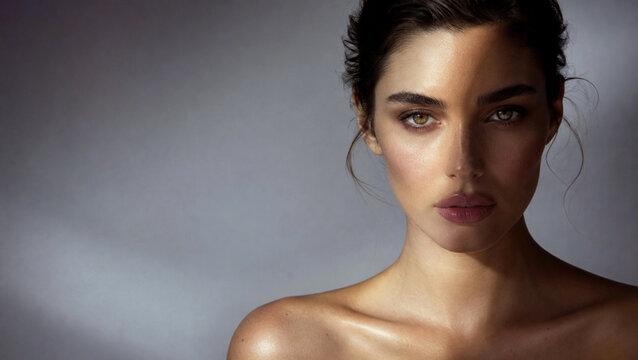 Soft smoky eye makeup and muted mauve nude lipstick beauty portrait of woman model with dramatic copy space