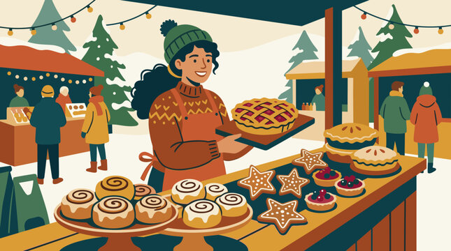 Baker displays freshly baked sweet treats at outdoor winter market with festive lights