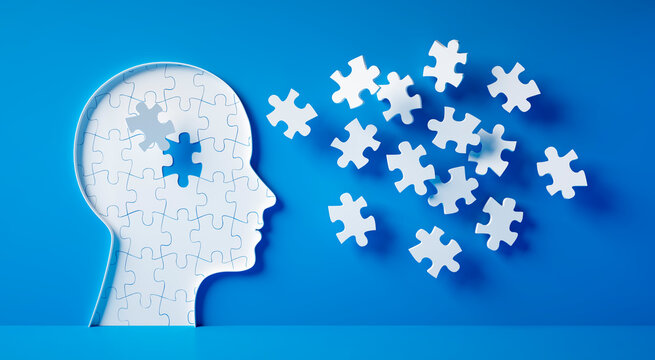 Conceptual artwork showing a 3D silhouette of a head surrounded by group of puzzle pieces, symbolizing mental input, activity, intelligence, or creativity - 3D illustration on blue background