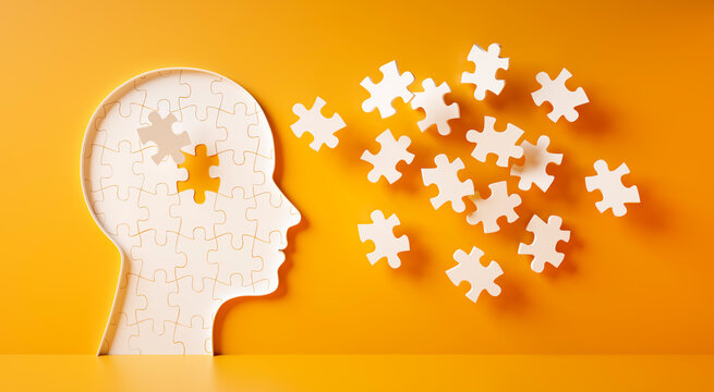 Conceptual artwork showing a 3D silhouette of a head surrounded by group of puzzle pieces, symbolizing mental input, activity, intelligence, or creativity - 3D illustration on yellow background