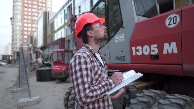 Caucasian man engineer architect holding folder with papers on background excavator, construction machinery at construction site. Builder looking at business plan, architectural documents.