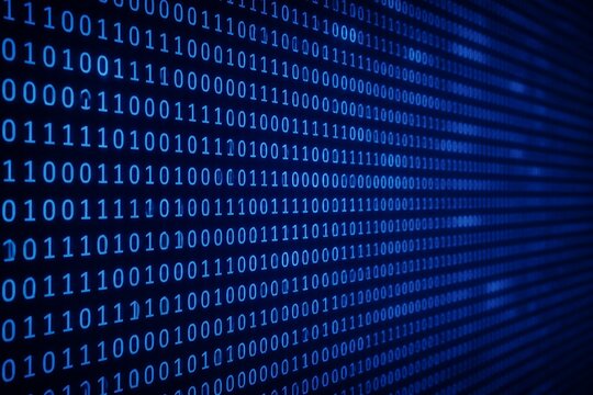 Binary code streaming across digital screen in dark setting