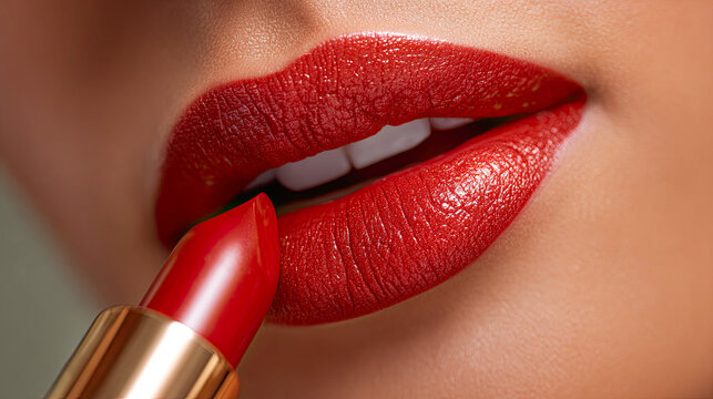 Close up of glossy red lips with lipstick application